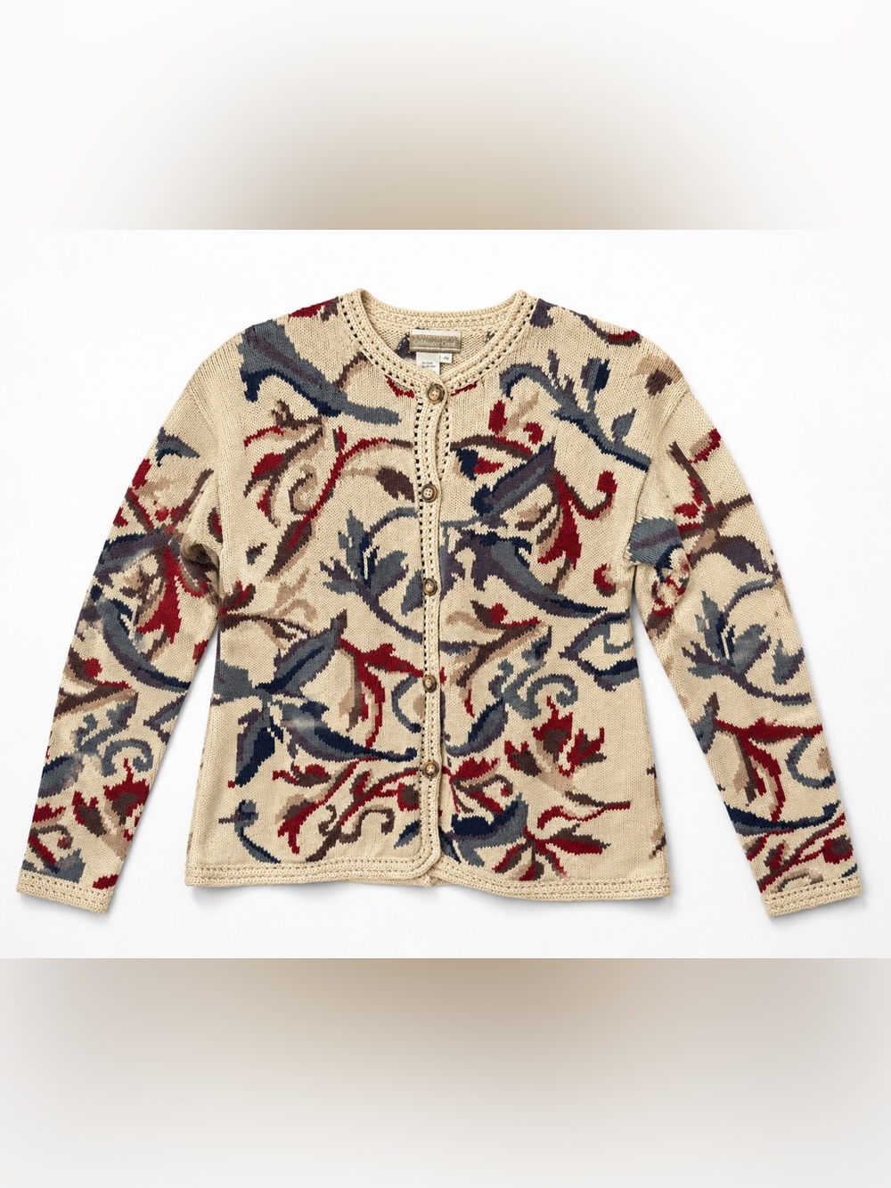Coldwater Creek Abstract Floral Knit Cardigan Sweater XS Ramie Cotton